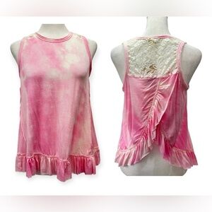 Hem & Thread Pink Tie-Dye Ruffle Lace Back Tank Top